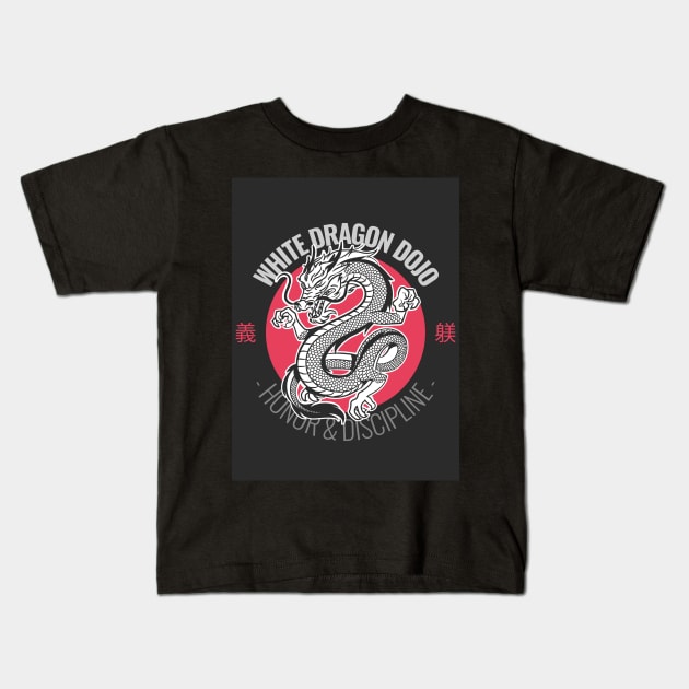 White Dragon Dojo Kids T-Shirt by AladdinHub